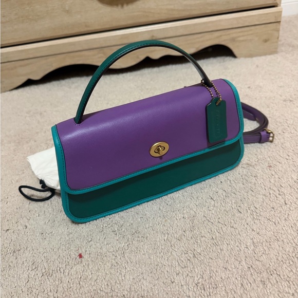 Coach Colorblock Leather Top Handle Satchel in Purple and Teal - Picture 4 of 9